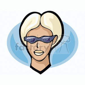 Clipart image of a person with short blonde hair wearing dark sunglasses, against a blue circular background.