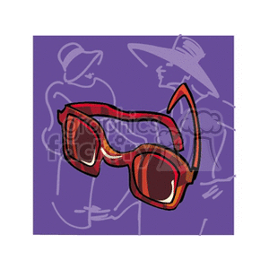 A clipart image of red eyeglasses with a purple background featuring faint outlines of people wearing hats.