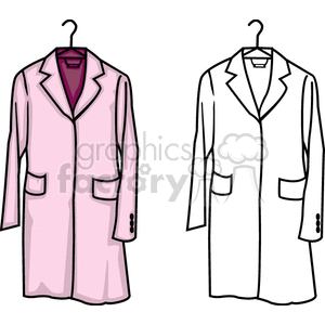 Clipart image of two coats on hangers. One coat is colored pink with a purple inner lining, and the other is in black and white outline.