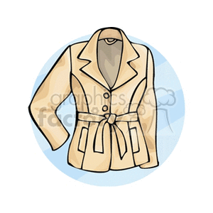 Illustration of a beige women's blazer with a belted waist and two buttons, displayed against a blue circular background.