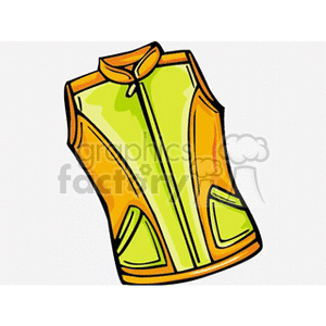 A bright, sleeveless jacket featuring green and orange panels, depicted in a cartoon style.