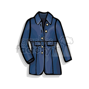 Clipart image of a blue jacket with four buttons and two pockets.