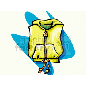 Colorful clipart image of a yellow hooded jacket with a front zipper and drawstrings, set against a blue abstract background.