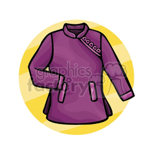 Clipart image of a purple jacket with button details on the shoulder, set against a yellow circular background.