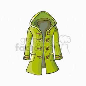 Clipart image of a green hooded coat with toggle buttons.
