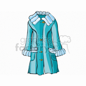 Clipart image of a stylish blue winter coat with white fur collar and cuffs.