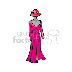 A clipart illustration of a mannequin wearing a pink dress and a red hat.