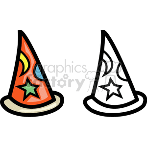 Clipart image of two wizard hats. The first hat is orange with star and moon designs in various colors. The second hat is in black and white with a similar star and moon design.