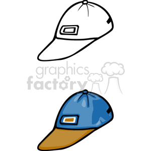 Clipart image depicting two baseball caps. The top cap is uncolored, outlined in black. The bottom cap is colored blue with a brown brim.