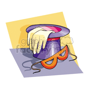 Clipart image depicting a magician's top hat with a handkerchief inside and an orange mask lying next to it.