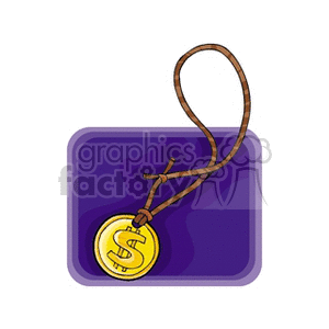 Clipart image of a gold dollar sign medallion hanging from a brown cord against a purple background.