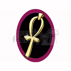 Clipart image of a gold ankh symbol necklace on a dark oval background with a purple border.