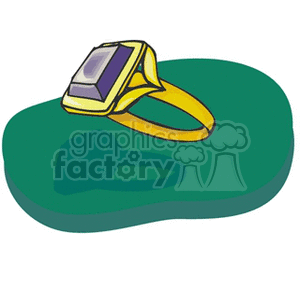 Clipart of a gold ring with a large rectangular gemstone on a green surface.