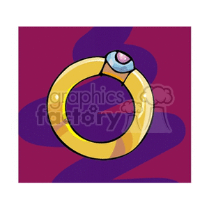 A colorful clipart illustration of a gold ring with a gemstone on a purple background.