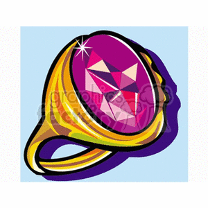 Colorful clipart image of a gold ring with a large, sparkling purple gemstone.