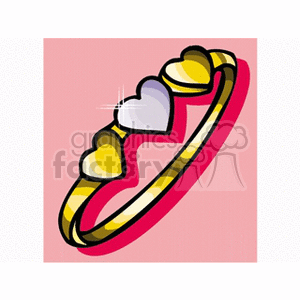 A gold ring with heart-shaped jewels on a pink background, symbolizing love and Valentine's Day.