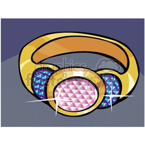 A clipart image of a gold ring featuring a large central gemstone and two side gemstones, with a sparkling effect.