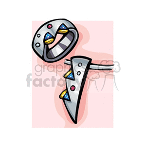 Clipart image of a silver ring and pendant featuring colorful jewels, including blue, red, and yellow gems, on a light pink background.