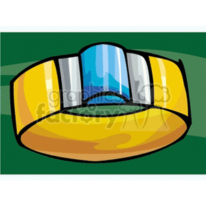 A colorful clipart image of a gold ring with blue and silver accents.