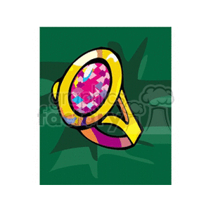 Clipart image of a colorful gold ring with a large pink gemstone.