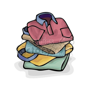 A stack of folded clothes, including various shirts in different colors.