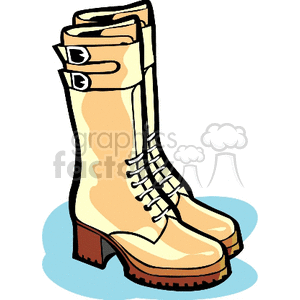 Illustration of a pair of tan high-heeled boots with laces and buckles.