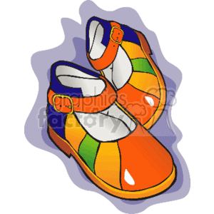 This clipart image depicts a pair of colorful, strap-fastened shoes. They feature a rainbow pattern with dominant orange hues. The shoes are illustrated in a playful, cartoonish style, suitable for representing children's footwear or a colorful fashion concept.