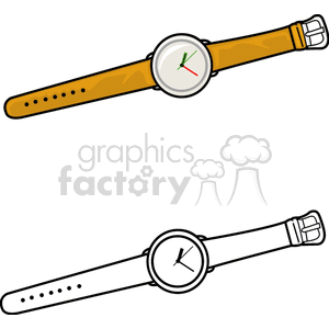 Clipart image of two wristwatches, one in color with a brown strap and colored hands, and one in black and white.