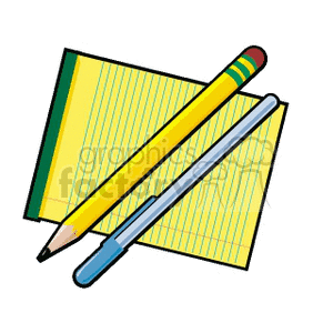 A clipart image featuring a yellow pencil, a blue pen, and a yellow notepad.