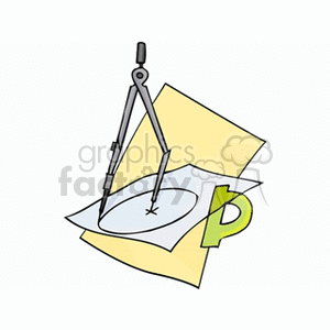 Clipart illustration of a drafting compass drawing a circle on paper, with a protractor beside it.