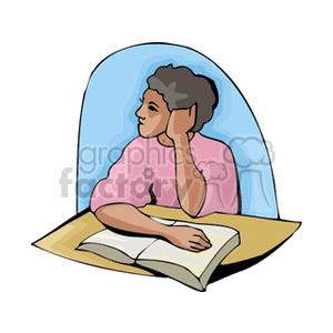 Clipart image of a person sitting at a desk with an open book, resting their head on one hand and appearing to be thinking or daydreaming.