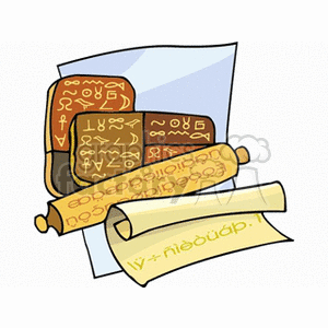 Clipart image depicting ancient scrolls and tablets with Egyptian hieroglyphics, representing education, learning, and historical artifacts.