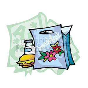 Clipart image featuring a burger, a carton of milk, and a decorated lunch bag with flowers on it, set against a backdrop of educational symbols.