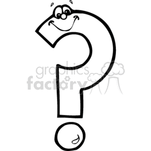 The clipart image depicts a stylized question mark with anthropomorphic features. It includes eyes and a smile to give the punctuation mark a friendly and cute expression, often associated with educational themes or to make learning fun for children. The design is simple, likely created for use as vinyl-ready art for various applications.