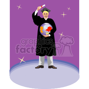 The clipart image depicts a graduate in a black cap and gown holding a diploma in one hand and a globe in the other. The graduate is smiling and appears to be celebrating an academic achievement. The background is purple with sparkling stars, suggesting a celebratory or possibly aspirational theme. The image could symbolize global education, international studies, or the idea that education offers a world of opportunities.