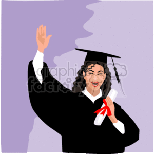 The image is a clipart illustration of a happy graduate holding a diploma. The person is wearing a traditional black graduation cap and gown, and is waving with one hand, expressing joy and celebration. The graduate is also holding a diploma tied with a red ribbon, signifying successful completion of an academic program.