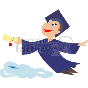   The image is a clipart illustration of a person celebrating graduation. The figure is wearing a traditional graduation cap (mortarboard) and gown, depicted mid-jump with a diploma in hand, which symbolizes the completion of an academic degree. The character is smiling, which conveys a sense of joy and accomplishment. There are also stylized clouds near the feet of the graduate, indicating they are 