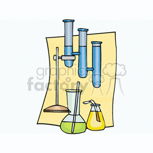 Colorful clipart of a science setup featuring test tubes, a retort stand, a conical flask, and a beaker.