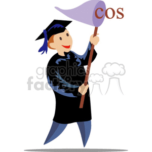 Clipart of a student in graduation attire holding a net with 'COS' being scooped into it, symbolizing education and achievement.