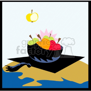 A clipart image featuring a bowl of fruit sitting on a graduation cap.