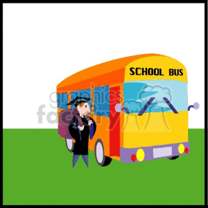 Graduation Student Next to School Bus