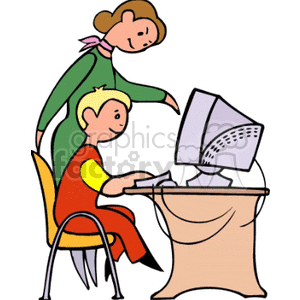 Teacher Assisting Student with Computer in Classroom