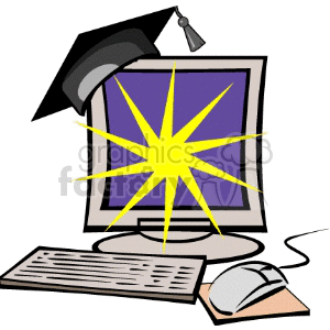 A computer monitor with a graduation cap and a burst of light on the screen, accompanied by a keyboard and mouse, symbolizing education and technology.