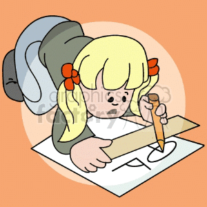 Girl Drawing with Pencil and Ruler in Classroom