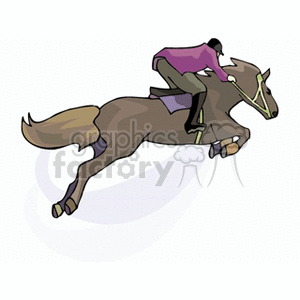 A clipart image of a jockey riding a horse mid-jump in an equestrian event.