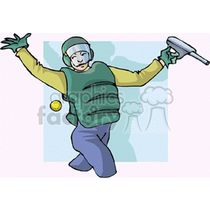 A cartoon character wearing protective gear and playing paintball, with a paintball gun in hand and a paintball in mid-air.