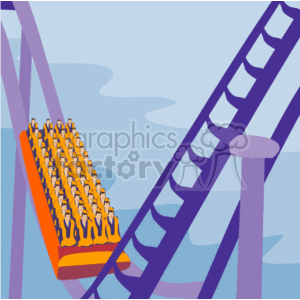 This image depicts an orange roller coaster car filled with riders ascending a steep blue track, with additional roller coaster tracks and supports visible in the background. The setting suggests an amusement park scene with a thrill ride element.