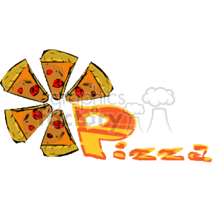   The image features illustrated pizza slices arranged in a circular pattern with the top pointing outwards, resembling a sun shape. The pizza slices have a golden-brown crust and are topped with what appears to be cheese and red pepperoni pieces. Behind the slices, the word Pizza! is written with the letter 