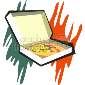 This clipart image features a whole pizza with various toppings inside an open pizza box. The pizza appears to have slices marked but not completely cut, with toppings that include what looks like pepperoni, green peppers, and possibly onions or mushrooms. Abstract shapes in orange and green accentuate the background, perhaps suggesting heat or flavor.