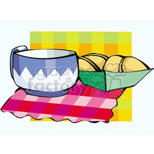 A clipart image featuring a cup and a tray of bread rolls on a plaid tablecloth.